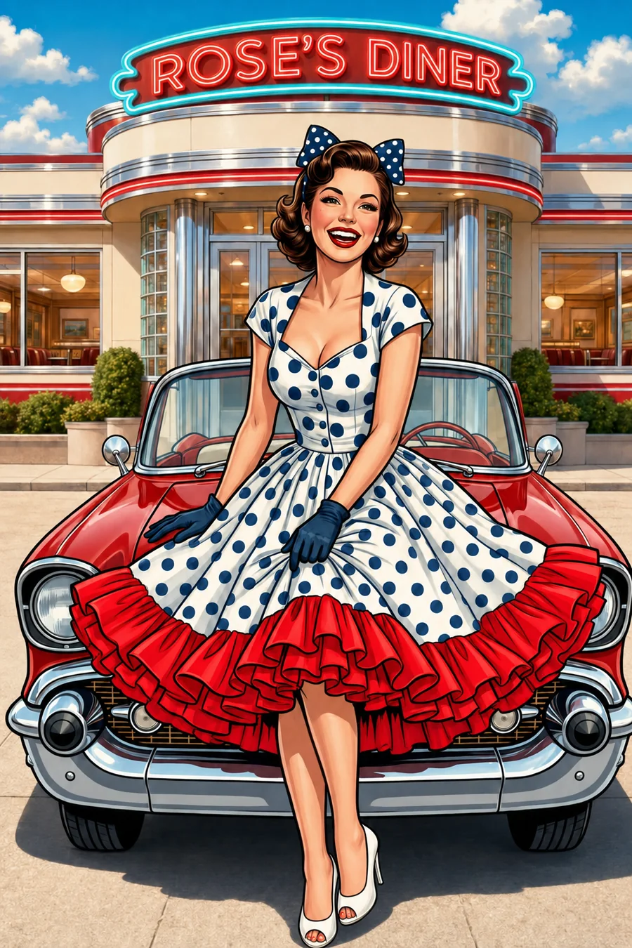 Nina Vivienne Rosewood in a vivid cherry-red and blue 1950s diner scene