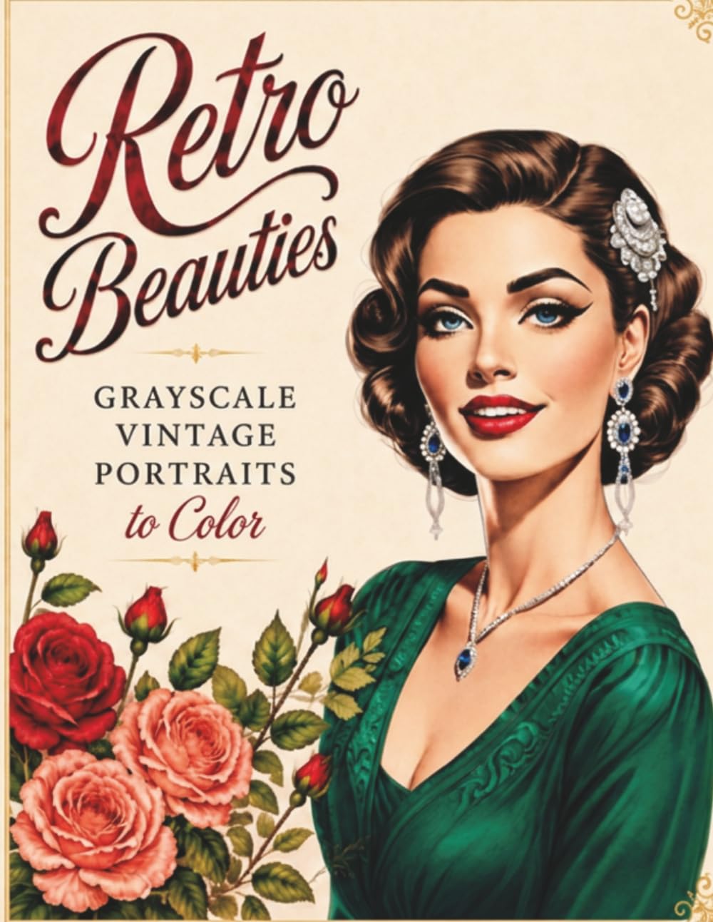 Cover of Retro Beauties, a grayscale vintage portraits coloring book by Nina Vivienne Rosewood
